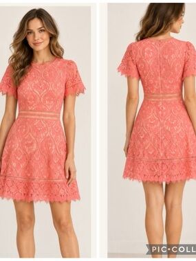 BB Dakota RSVP Coral Pink Lace Fit & Flare Dress Size 8